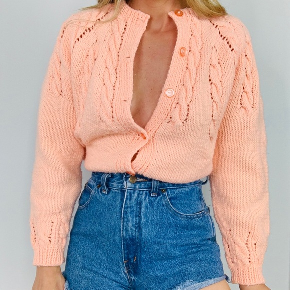 Vintage peach cable knit grandma cardigan sweater - Picture 6 of 7